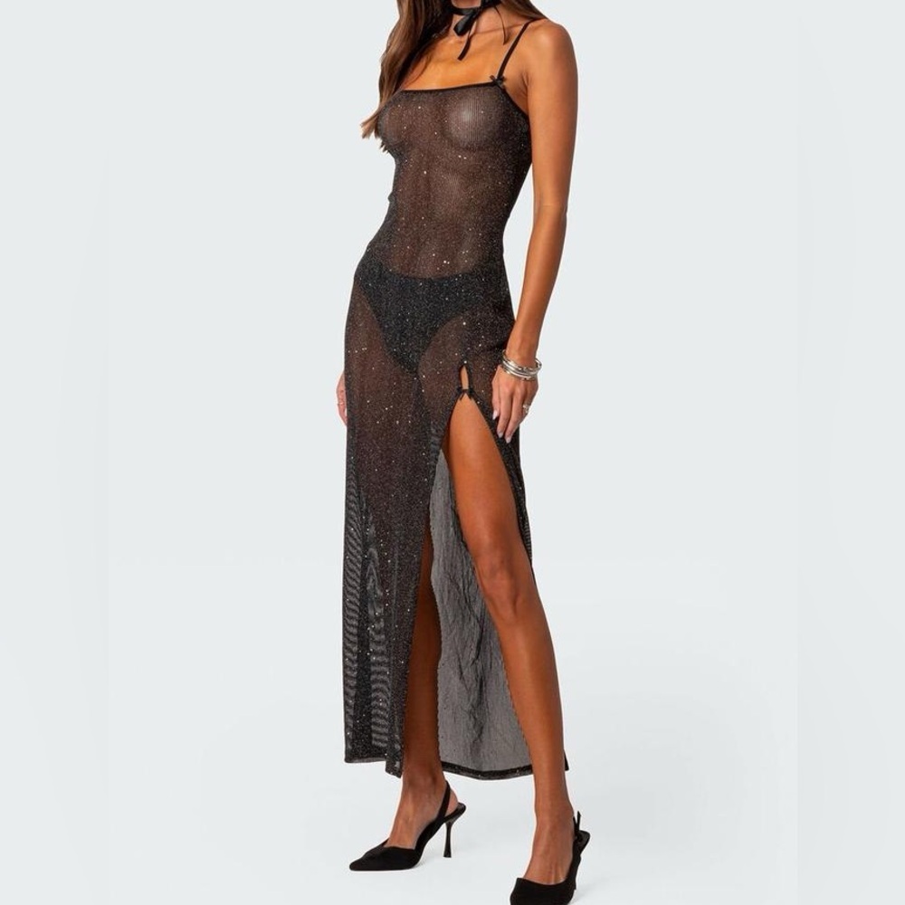 Edikted Black Sparkle Mesh Women’s Sheer bow Sequin Slitted Maxi Dress festival